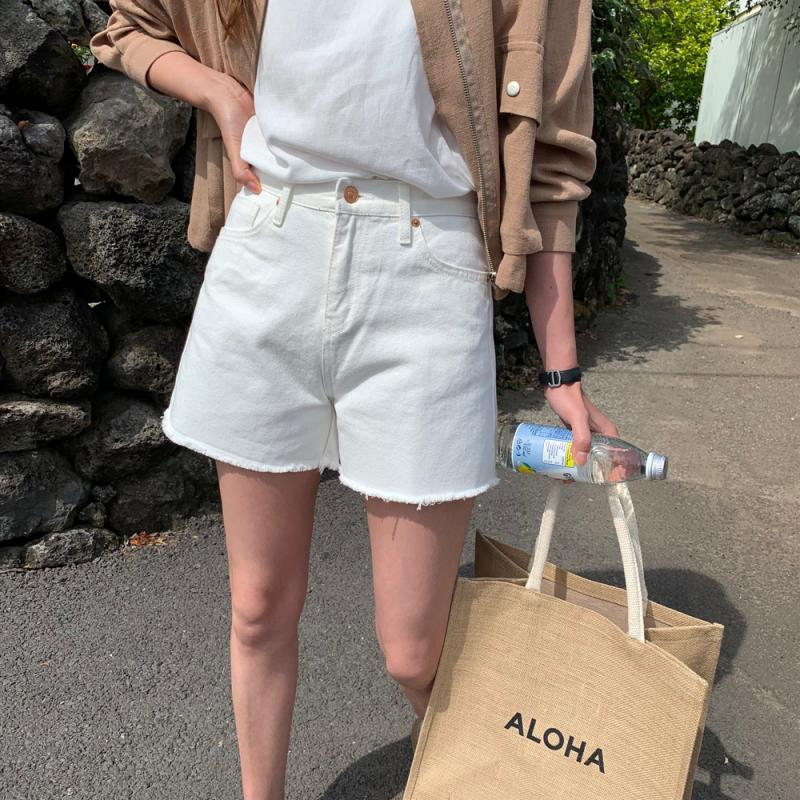하이웨스트진 찢어진 화이트 진 데님 여성 청 반바지 4부 얇은 세미와이드 여성여름청바지