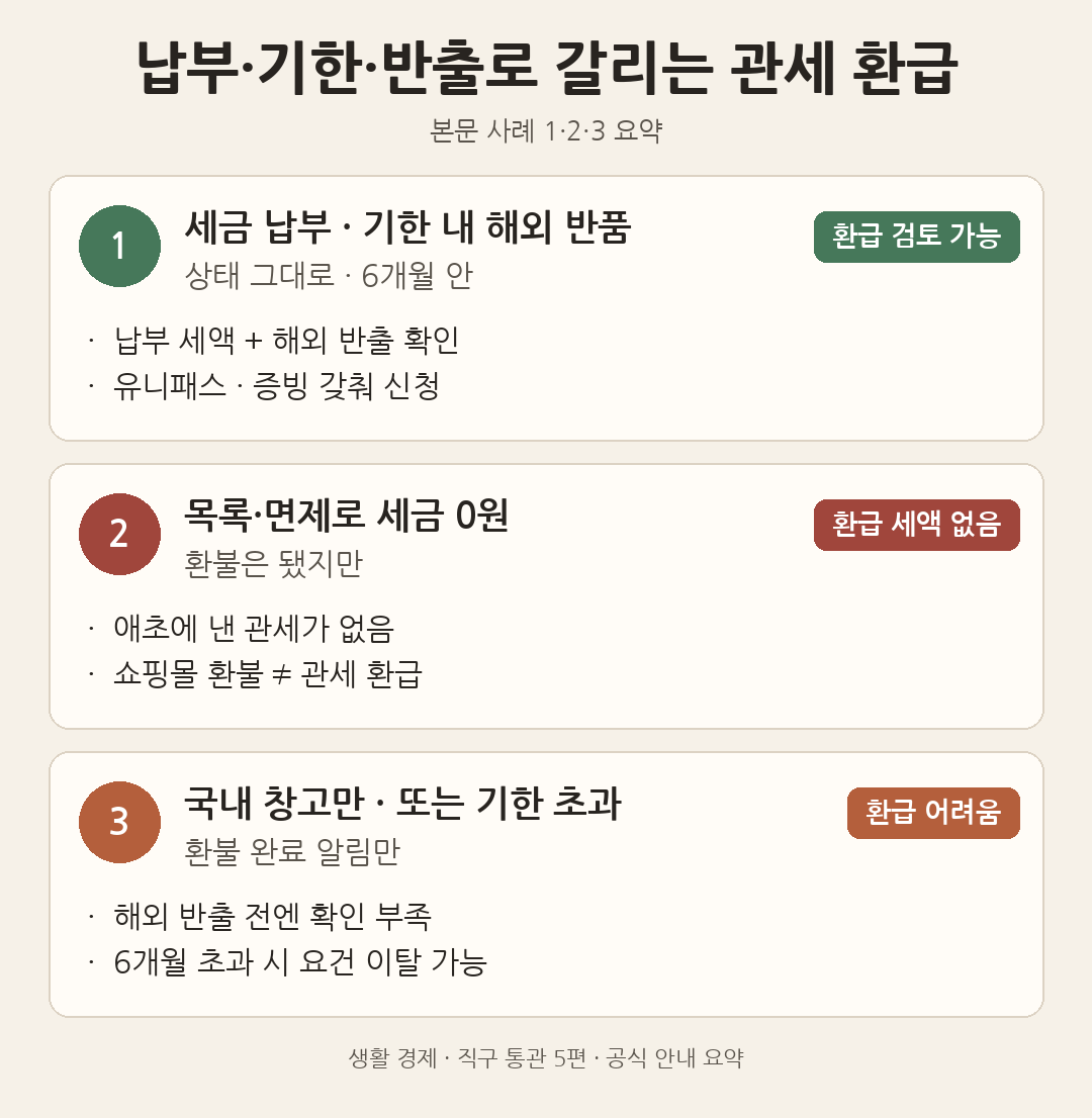 세금 납부 후 해외 반품·목록 면제·국내 창고만일 때 관세 환급 여부를 비교한 도해
