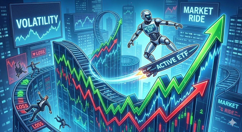롤러코스터 같은 주식 시장(변동성)에서 안전벨트를 매고 유연하게 움직이며 수익을 내는 '액티브 ETF' 캐릭터]