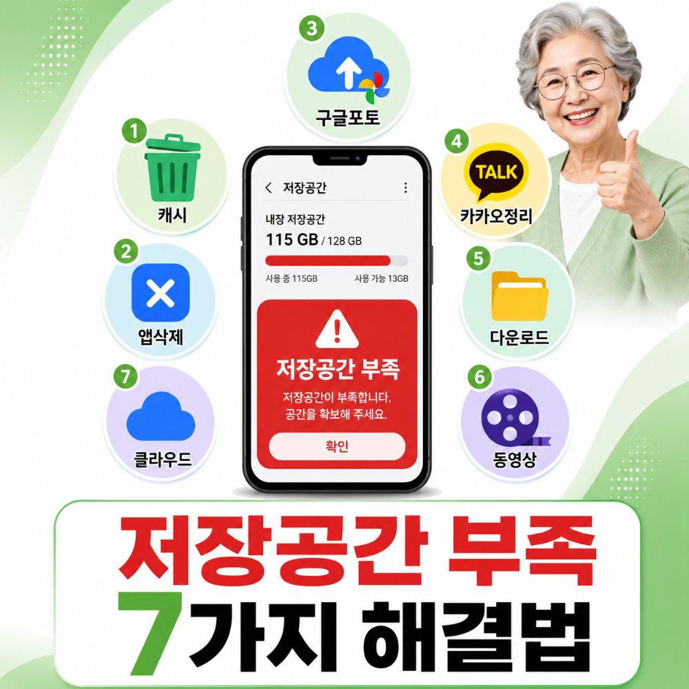 alt="스마트폰 저장공간 부족 해결 방법 – 저장공간 꽉 찬 스마트폰과 7가지 해결 아이콘, 시니어 친화 썸네일"