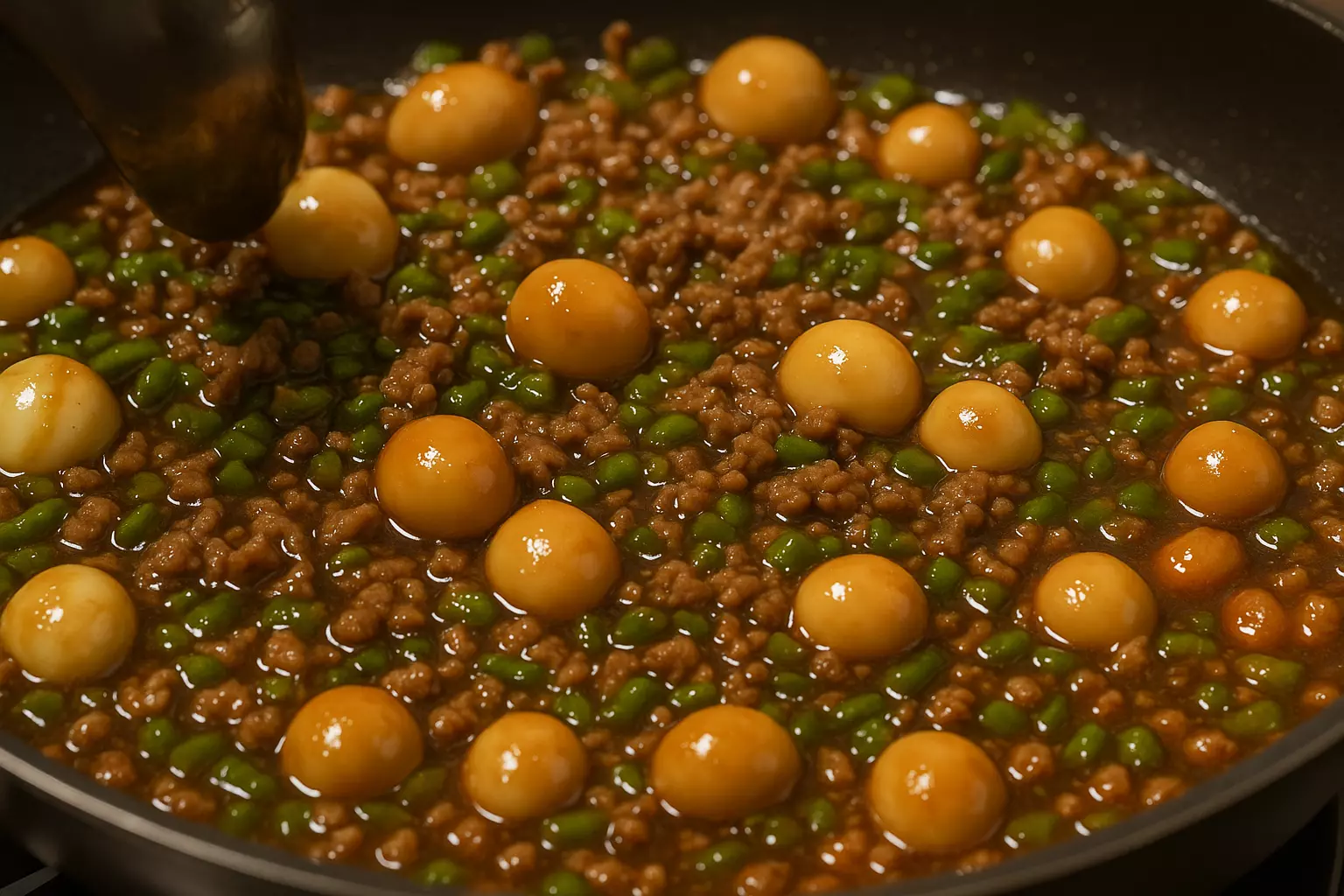 “익힌 다짐육 위에 메추리알, 마늘쫑, 꽈리고추를 넣고 자작하게 졸이는 중인 이장우 장조림비빔밥 중간 과정”