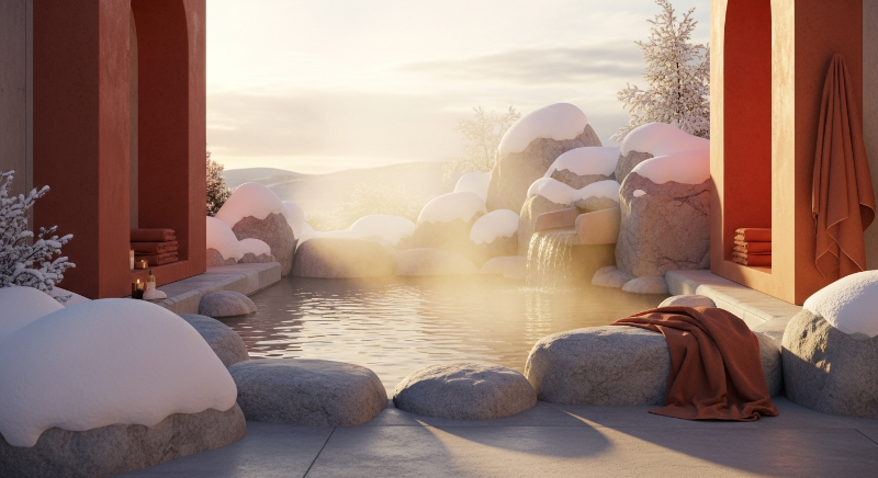 서울 근교 겨울 여행지로 추천하는 김이 모락모락 나는 눈 덮인 야외 노천탕 전경