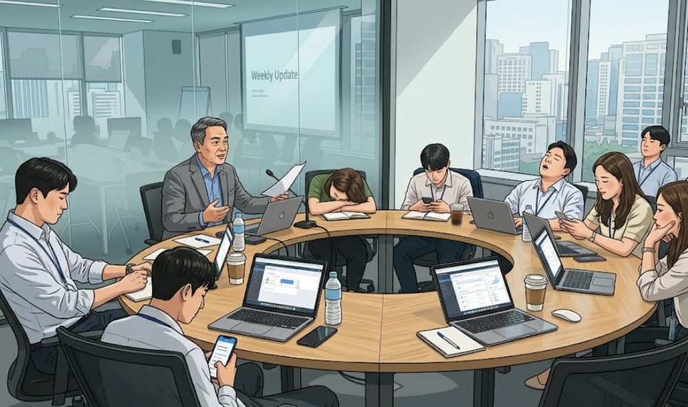 아이디어 창출을 위한 브레인스토밍 회의에서, 한명만 말을 하고, 다른 직원들은 졸거나, 휴대폰 보거나, 딴 생각을 하는 모습