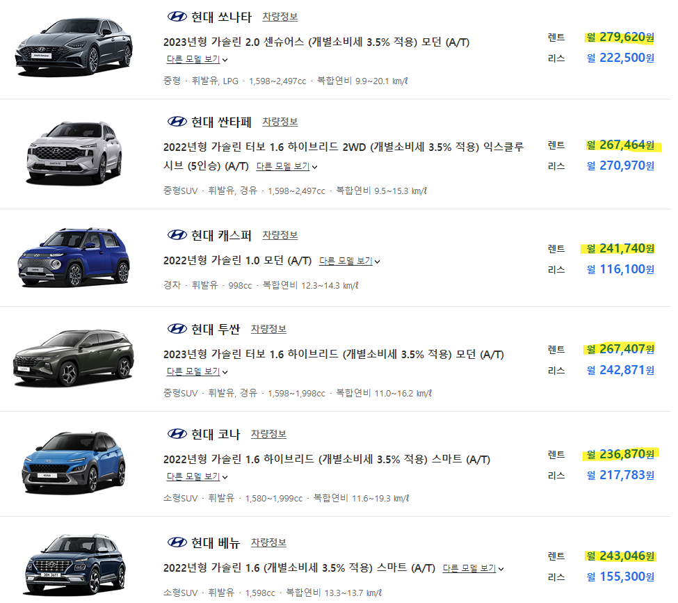 장기렌트카 가격비교 가격표 ❘ 22, 23년형 현대 기아 총정리