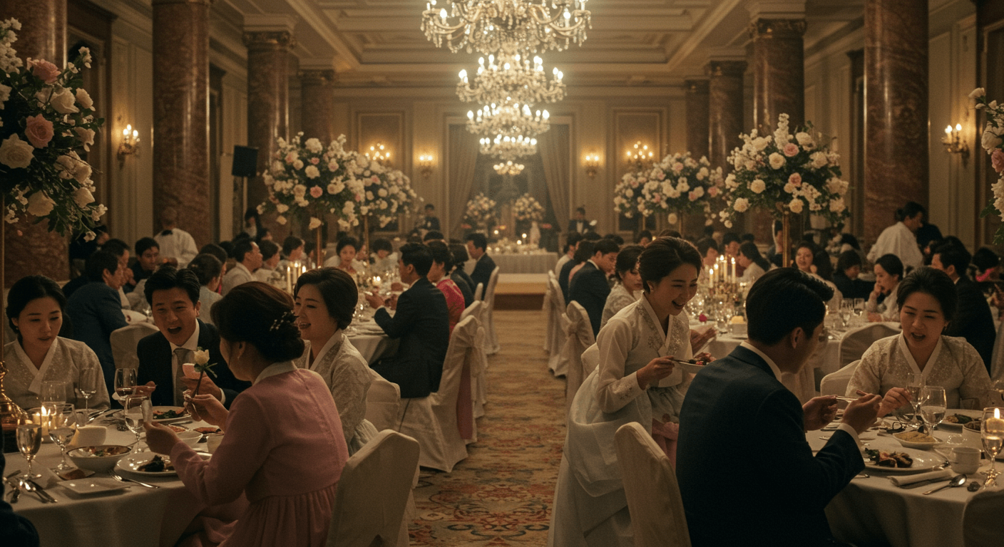 하객들이 웨딩홀에서 식사를 즐기며 대화하는 모습 1