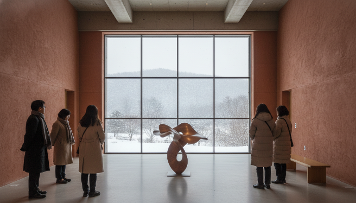 강원도 뮤지엄 산의 고요한 실내에서 사람들이 예술 작품을 감상하는 모습. 창밖으로는 눈 내리는 겨울 풍경이 보여 평화로운 분위기를 더한다.