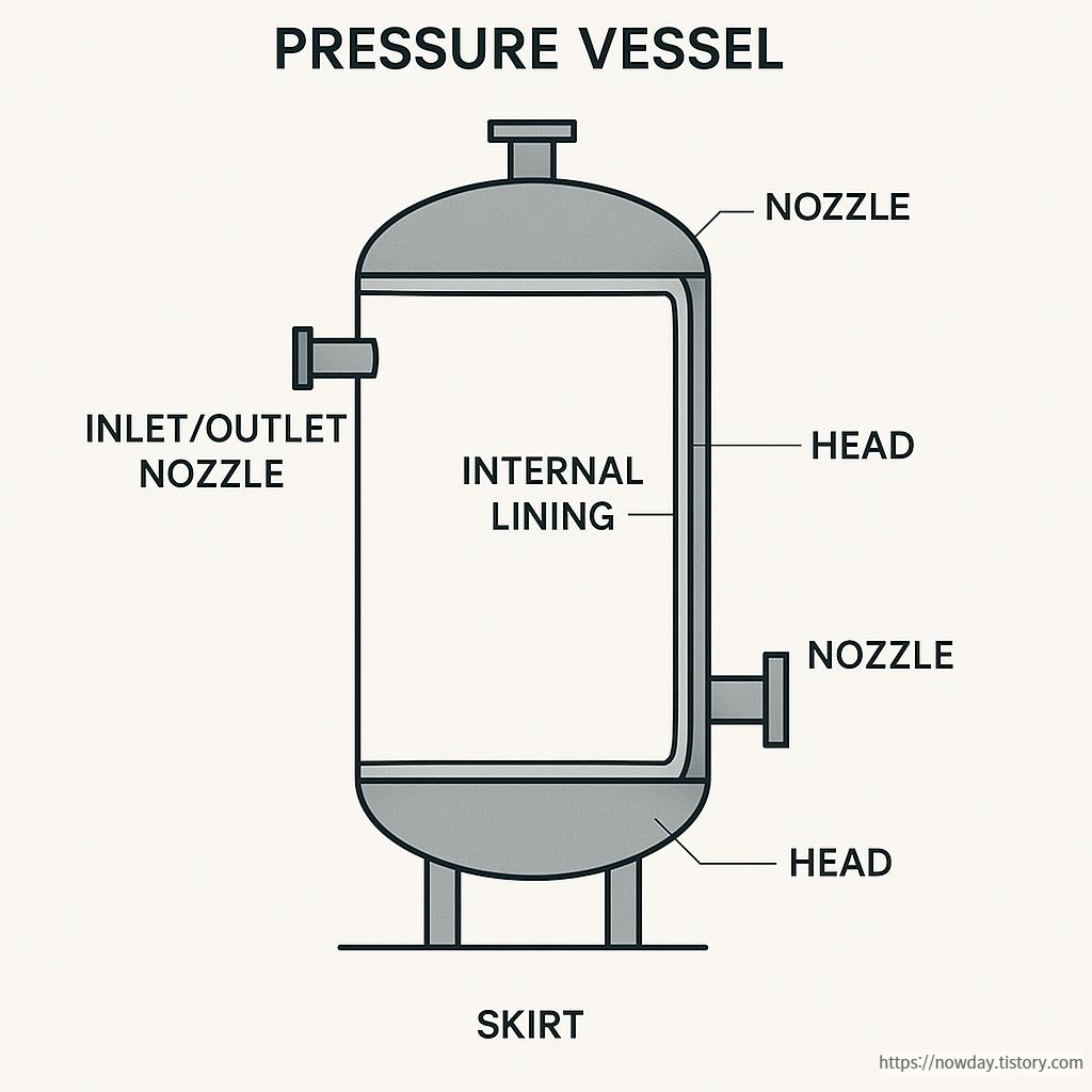 Labeled diagram showing the structure of a pressure vessel including shell, head, nozzle, and support skirt