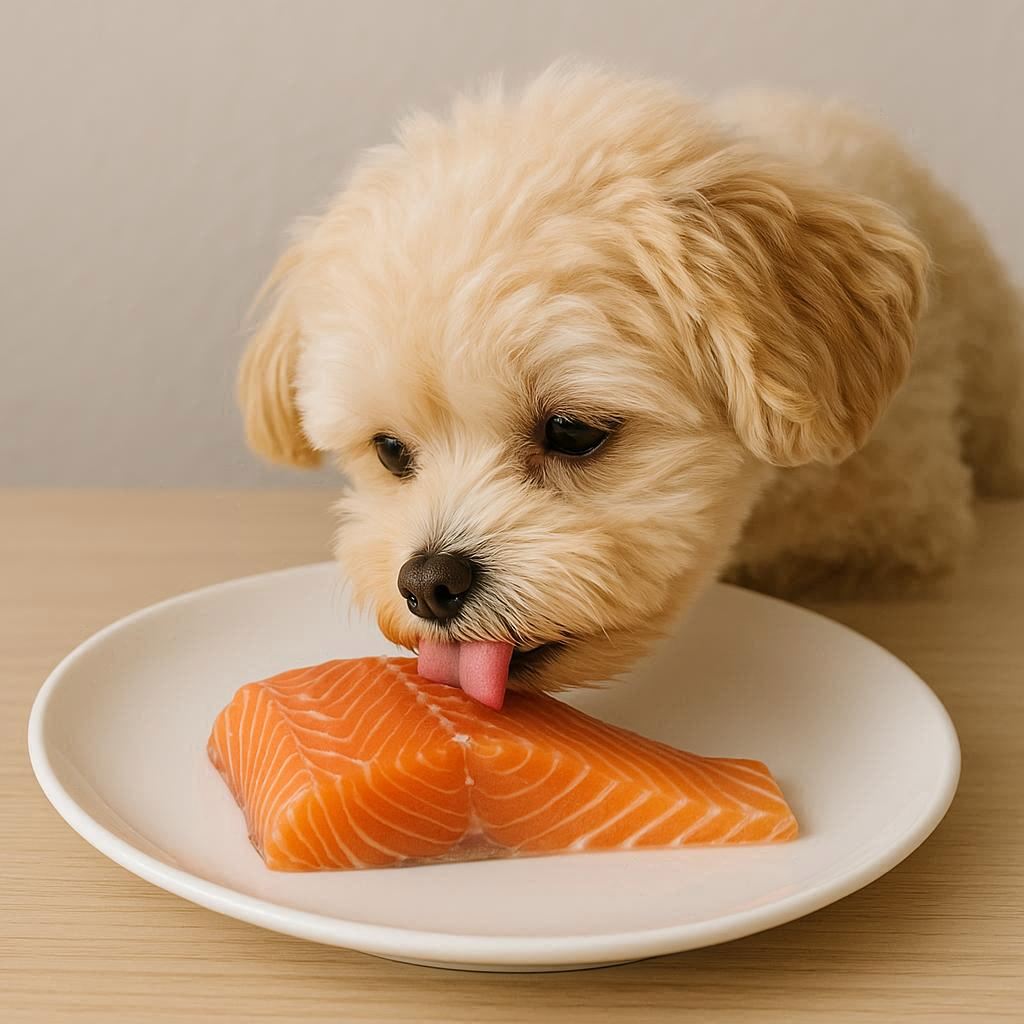 생연어를-핥고-있는-강아지