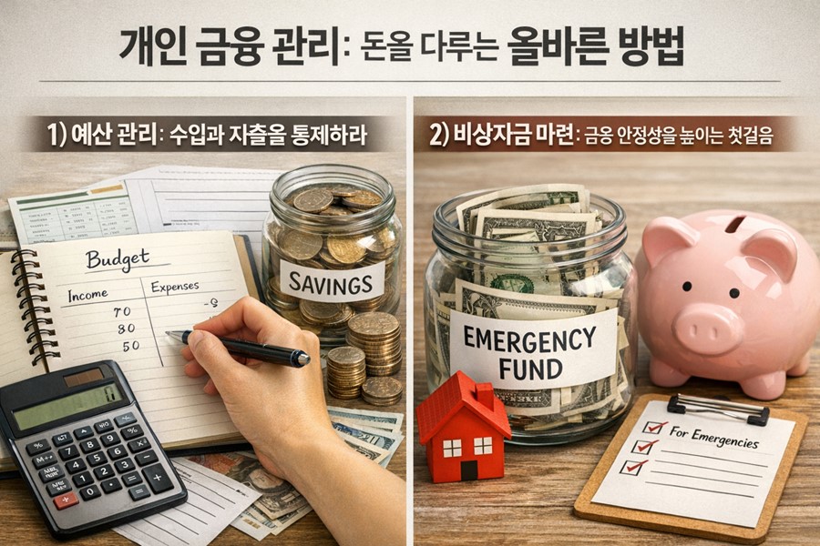개인 금융 관리에서 예산 관리와 비상자금 마련의 중요성을 설명하는 정보형 이미지