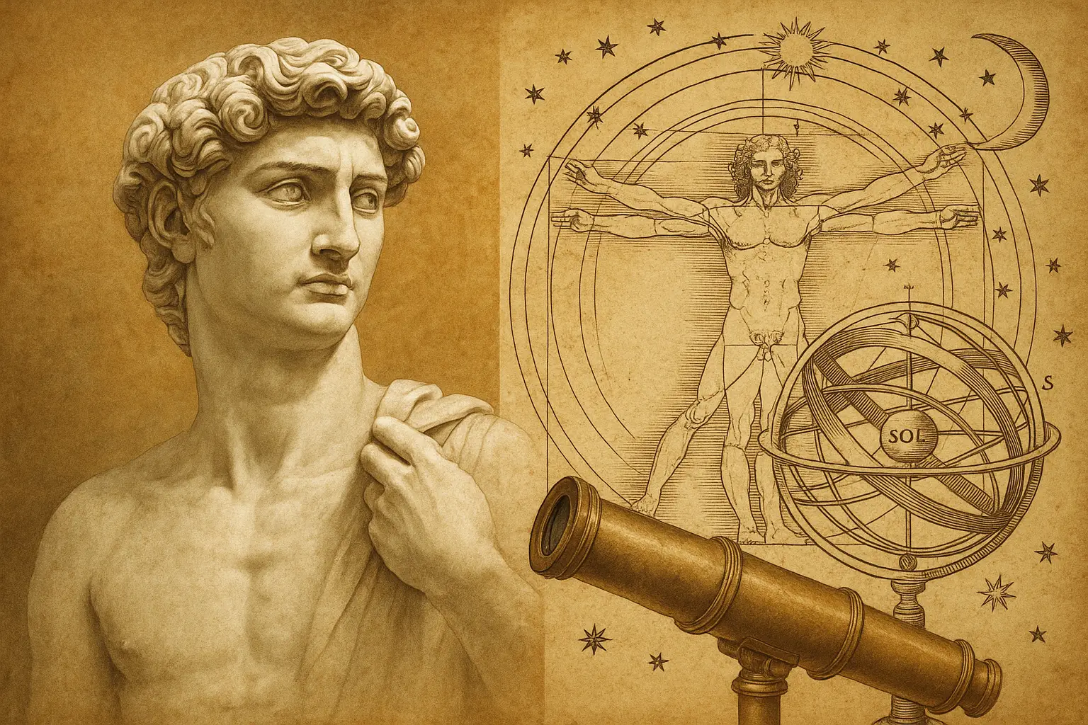 르네상스 예술과 과학의 융합을 표현한 고전 조각상과 비트루비안 맨, 천문학 도해 이미지
