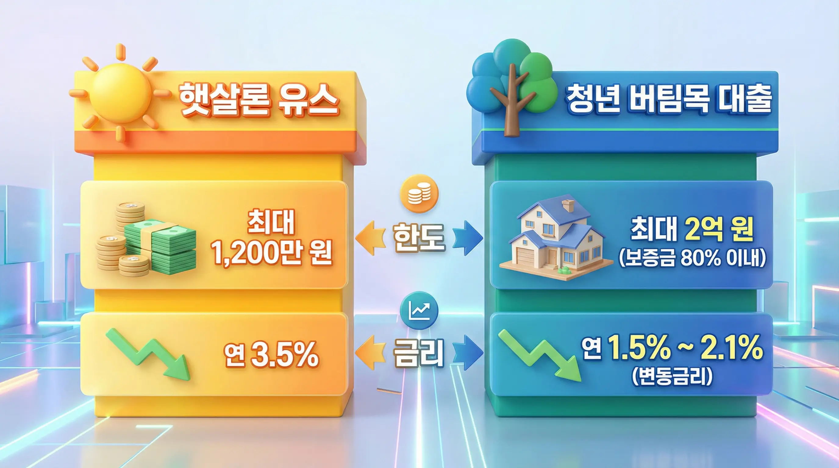 햇살론 유스와 청년 버팀목 대출의 한도와 금리 혜택을 비교하는 3D 인포그래픽