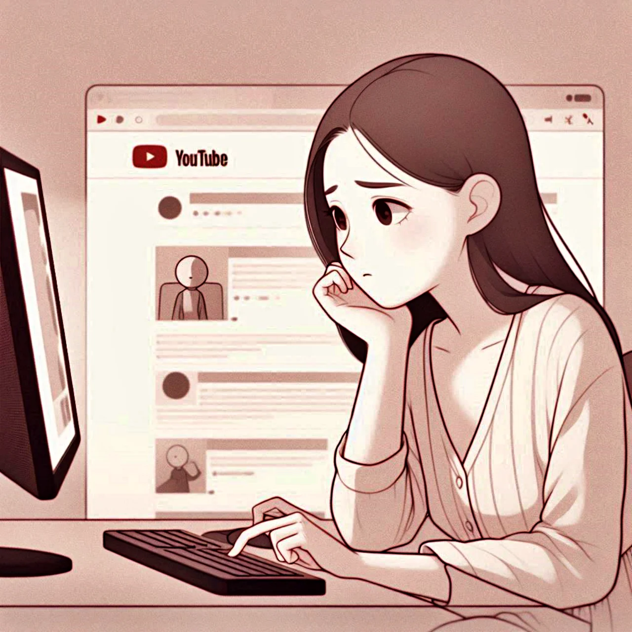 An illustration of a woman searching for a comment she wrote on YouTube