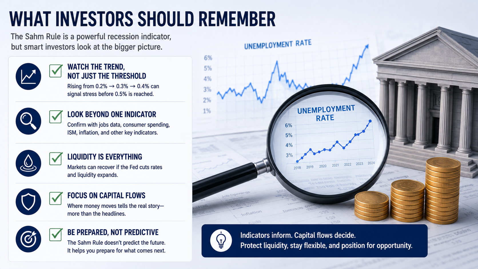 Investor checklist explaining how to interpret the Sahm Rule through unemployment trends, liquidity analysis, and capital flow monitoring.