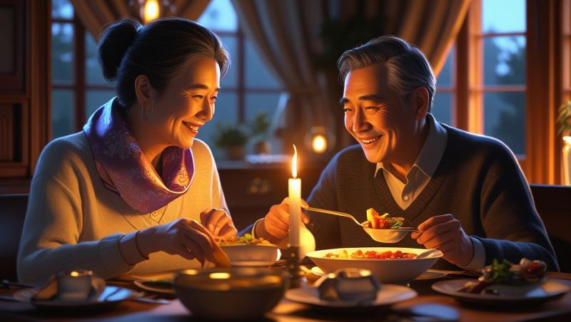 중년부부가 식사하는 모습