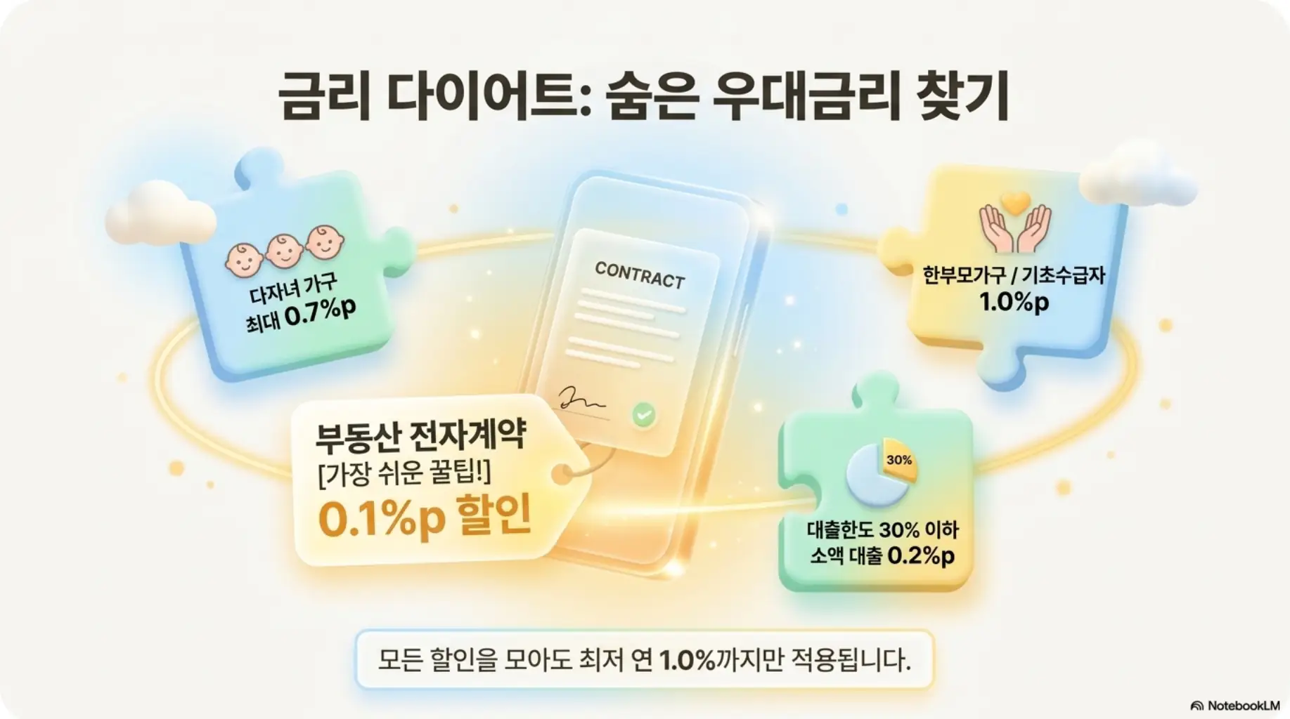 버팀목전세자금대출 우대금리 항목(다자녀 최대 0.7%p, 한부모·기초수급 1.0%p, 전자계약 0.1%p, 소액대출 0.2%p)을 퍼즐 조각으로 구성한 이미지. 최저 금리 1.0% 하한선 안내를 포함하며, 블로그의 버팀목전세자금대출 우대금리와 관련된 내용을 설명함