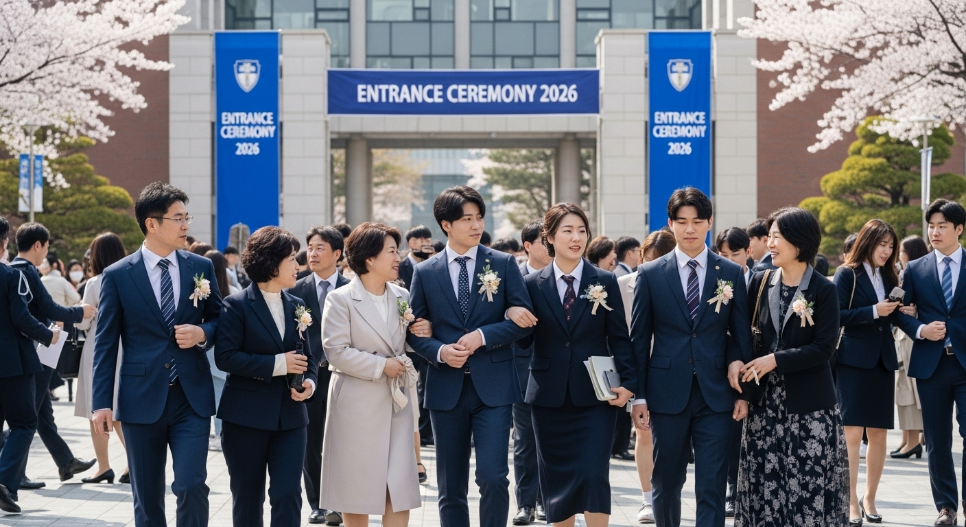 2026년 입학식을 위해 단정하게 차려입은 학부모와 학생의 모습