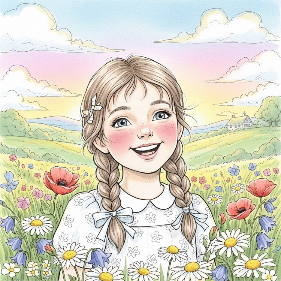 꽃밭에서 밝게 웃고 있는 고전 동화 속 소녀의 모습