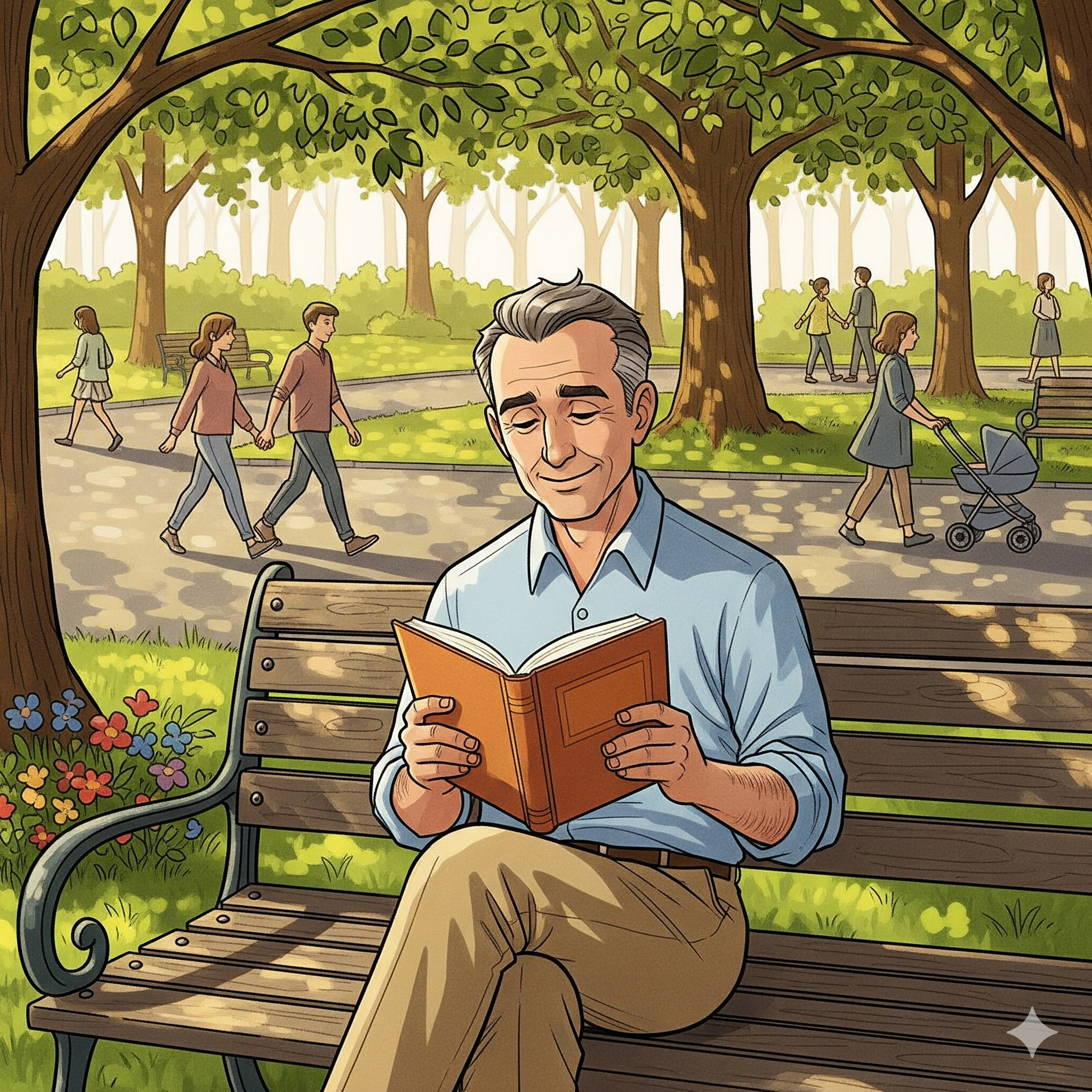 50-60대 중년 남성이 공원 벤치에서 책을 읽으며 평온한 표정