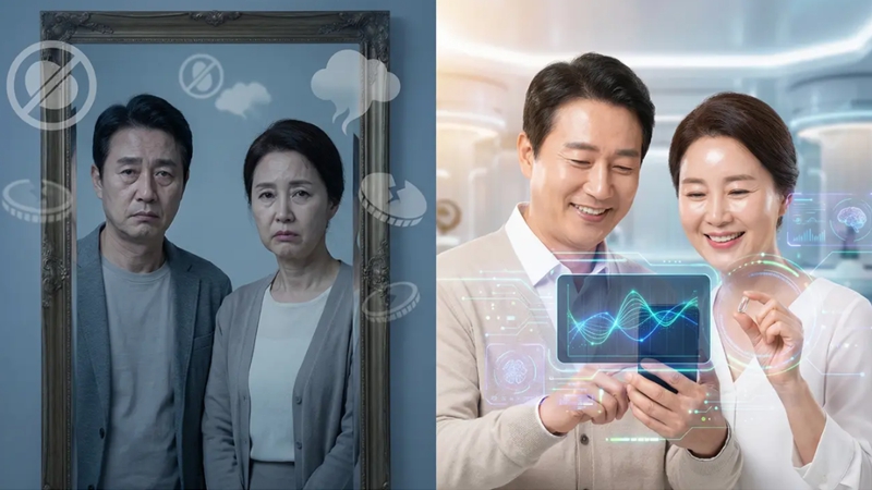 콜라겐 제품에 실망하던 중장년 남녀가 2026년 콜라겐 트렌드를 분석하고 '이것'을 활용하여 동안 피부를 되찾는 모습. 콜라겐 선택법과 피부 탄력.