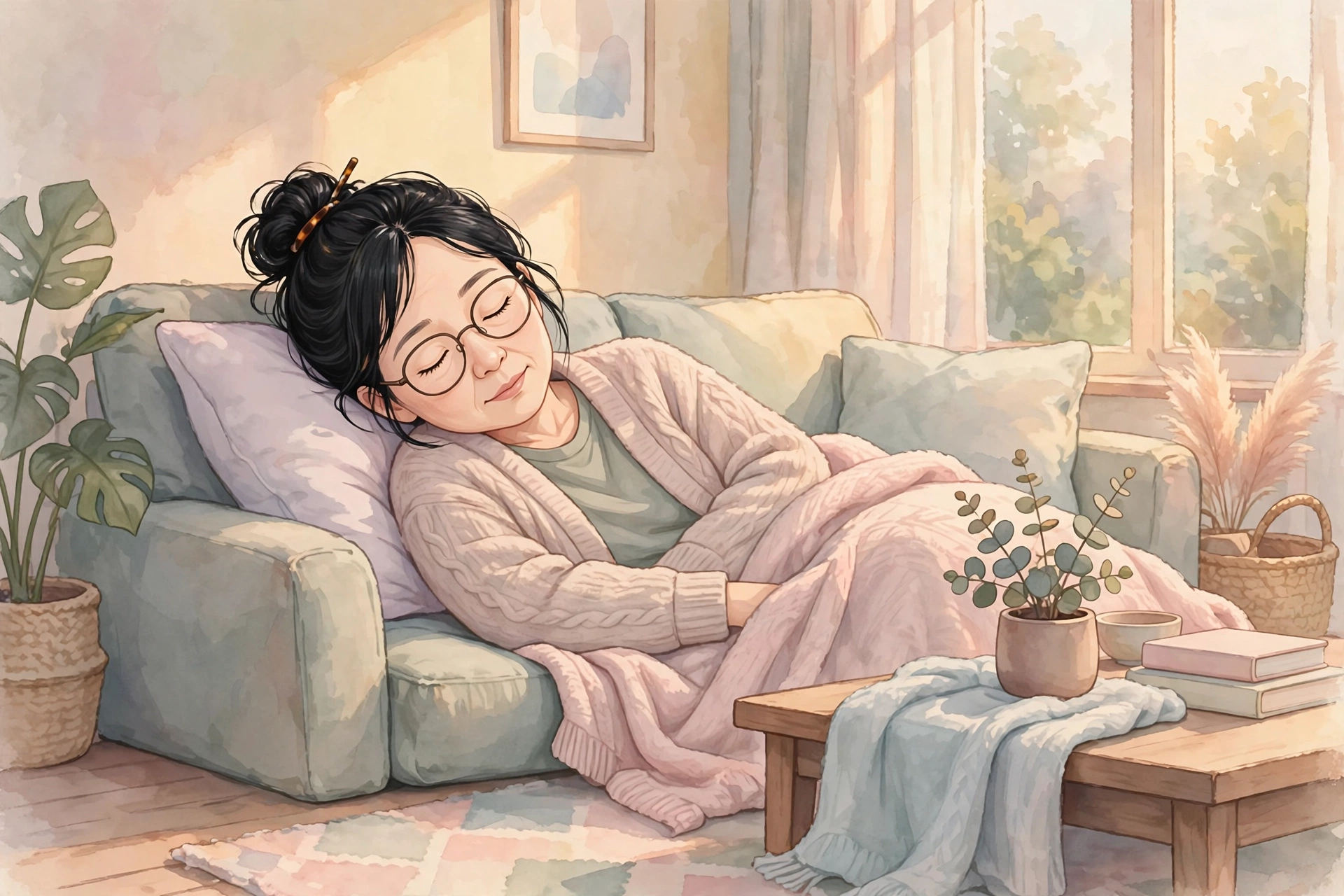 소파에 기대어 쉬는 지친 여성 일러스트