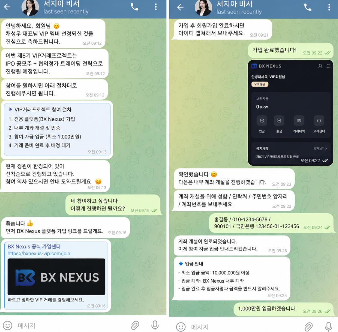 채성우 대표 사칭, BX Nexus, VIP거래프로젝트, IPO 공모주, 협의정가 트레이딩 사례에서 나타나는 운영 구조와 투자방 접근 방식을 정보 제공 목적으로 정리했습니다.
