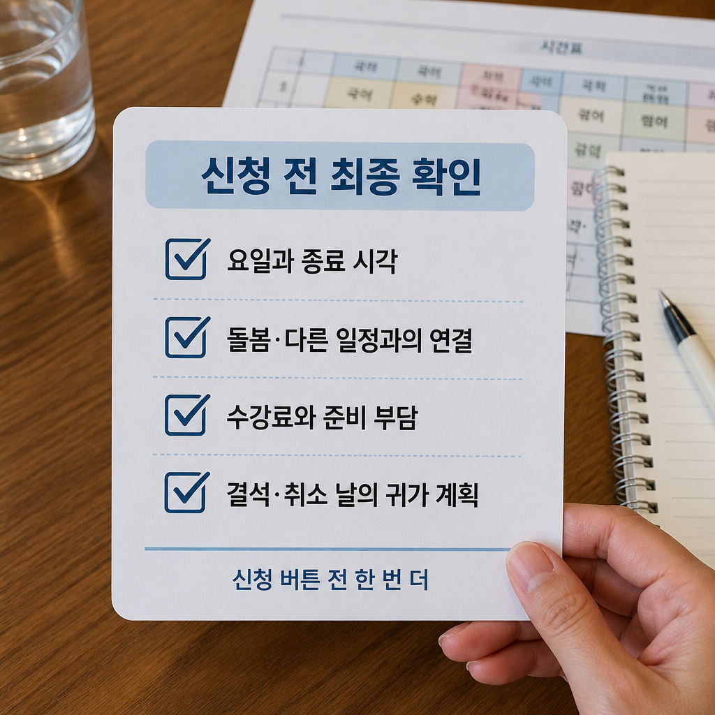 방과후학교 신청 전 시간표 비용 귀가 계획을 확인하는 체크리스트