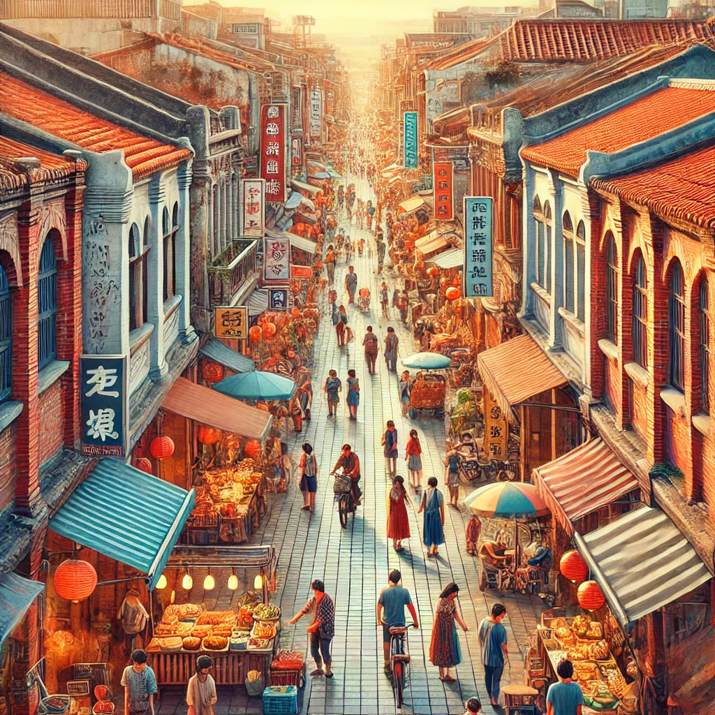 안핑 올드 스트리트의 전경과 현지 시장 풍경