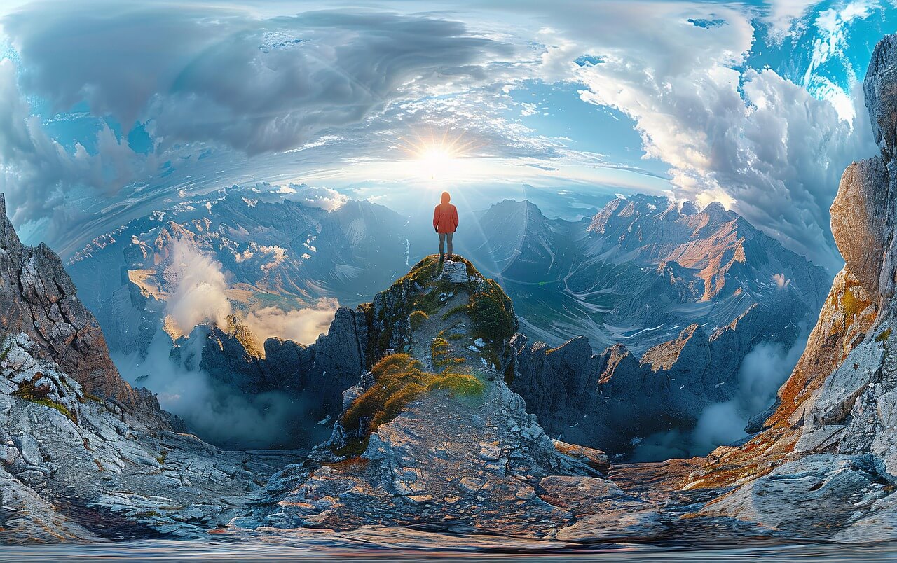 산 정상에서 구름에 쌓인 볼록렌즈 사진