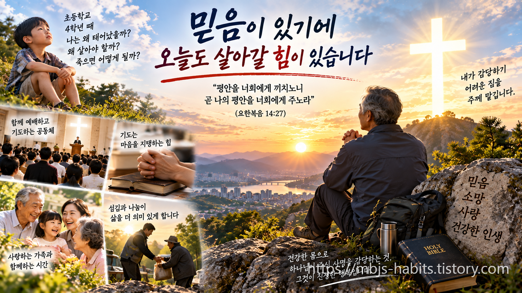 어린 시절 삶의 의미를 고민하던 소년에서 신앙과 기도, 가족과 공동체, 섬김을 통해 믿음과 마음의 평안을 찾아가는 삶을 표현한 이미지