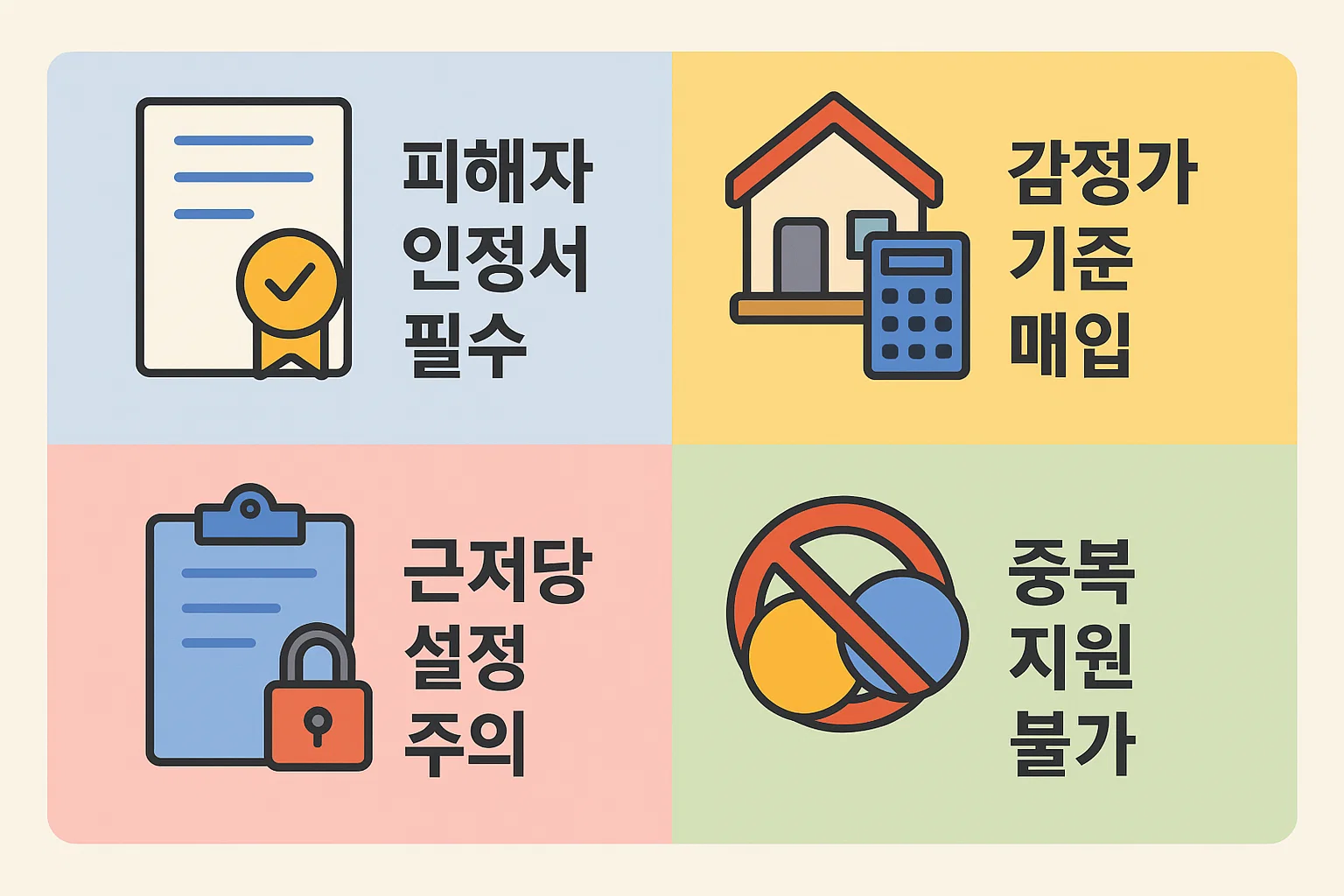 피해자 인정서 필수, 감정가 기준 매입, 중복지원 불가 등 실제 신청 시 주의해야 할 실무 팁을 담은 인포그래픽