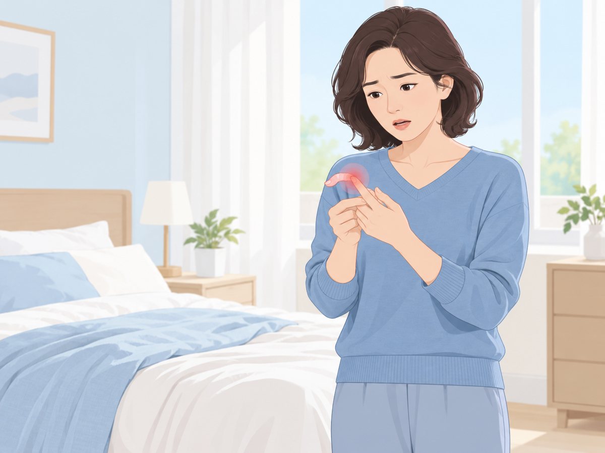 이불을 정리하다 처진 손가락 끝마디를 감싸 쥔 여성