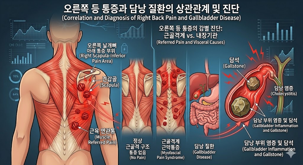 Diagram illustrating gallstone or gallbladder pain referred to the right shoulder and right scapula area.