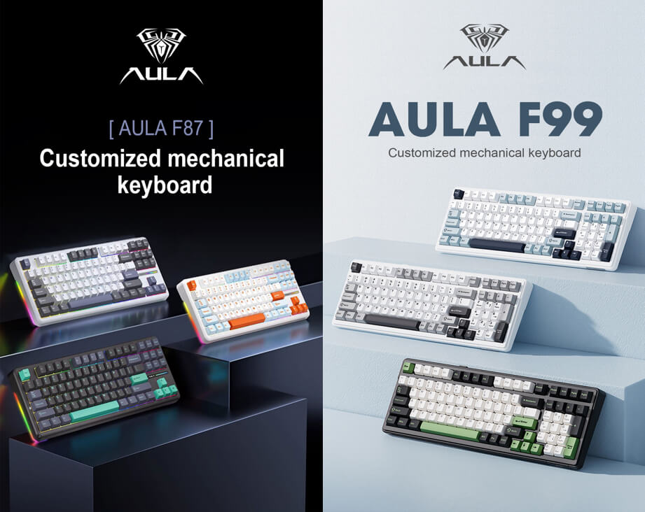 AULA 브랜드의 F87과 F99 기계식 키보드 제품을 각각 검정 배경과 파스텔톤 배경에 배치하여 디자인을 강조한 홍보 이미지. 다양한 키보드 색상 옵션과 세련된 외관을 특징으로 함