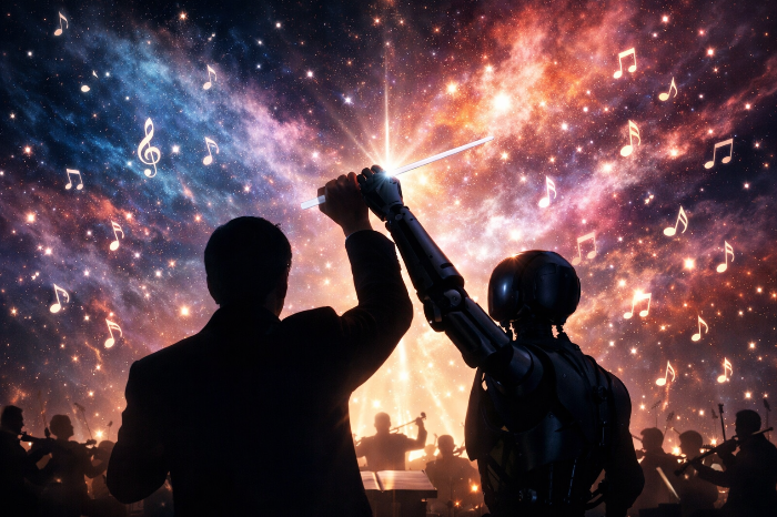 인간 창의성과 AI 기술의 공존을 통해 완성되는 사운드 디자인의 미래 전망 이미지.