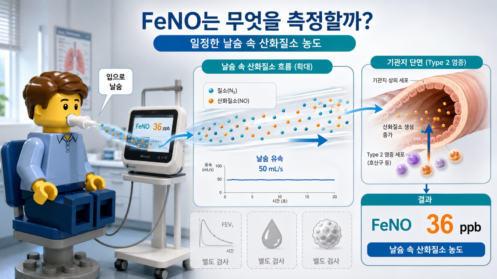 FeNO 검사가 날숨 속 산화질소 농도를 측정하는 원리와 기관지 염증 정보를 설명한 의료 인포그래픽