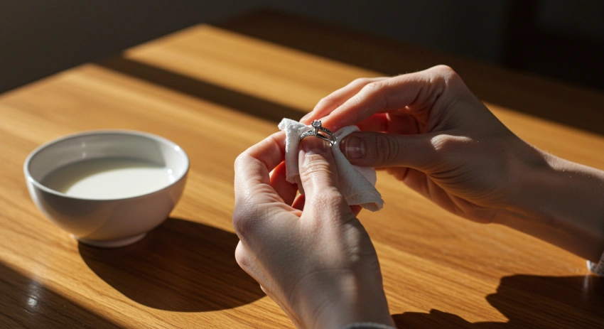 유통기한 지난 우유를 활용 하여 은 반지를 닦고 있는 모습