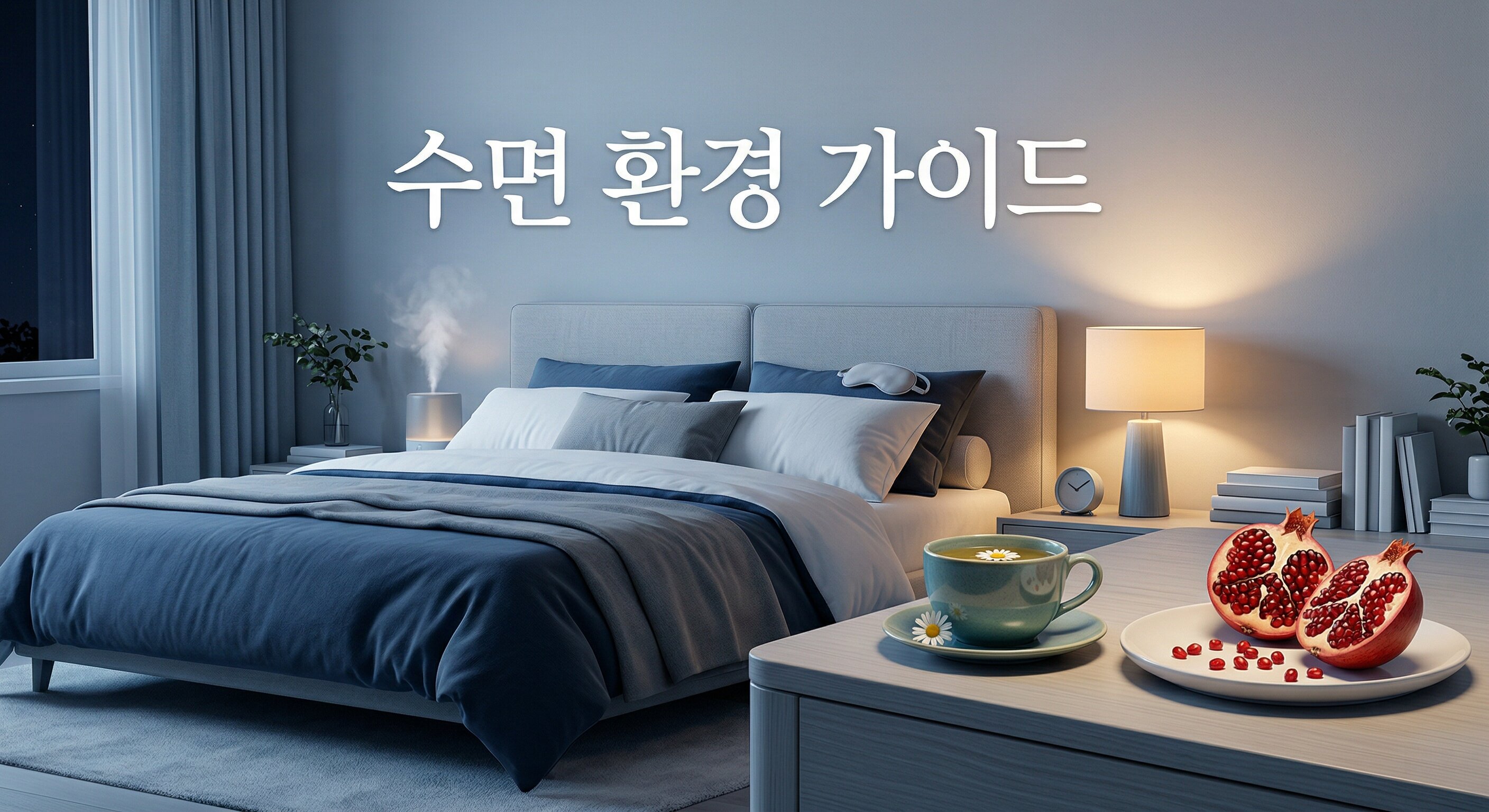 아늑한 침실 협탁 위에 캐모마일 티와 석류가 놓인 배경에 '수면 환경 가이드'라는 한글 문구가 중앙에 적힌 3D 일러스트