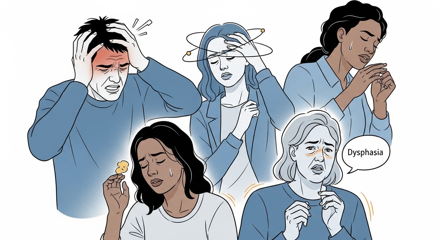 다양한 사람들이 벼락 두통, 어지럼증, 언어 장애 등 뇌출혈 전조증상을 겪는 모습을 묘사한 일러스트.