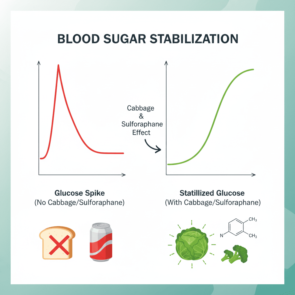 두 개의 혈당 곡선을 비교한 그래프: 왼쪽은 급격한 상승, 오른쪽은 완만한 상승. 양배추와 설포라판이 혈당 스파이크를 완화하는 개념을 시각화한 헬스 인포그래픽