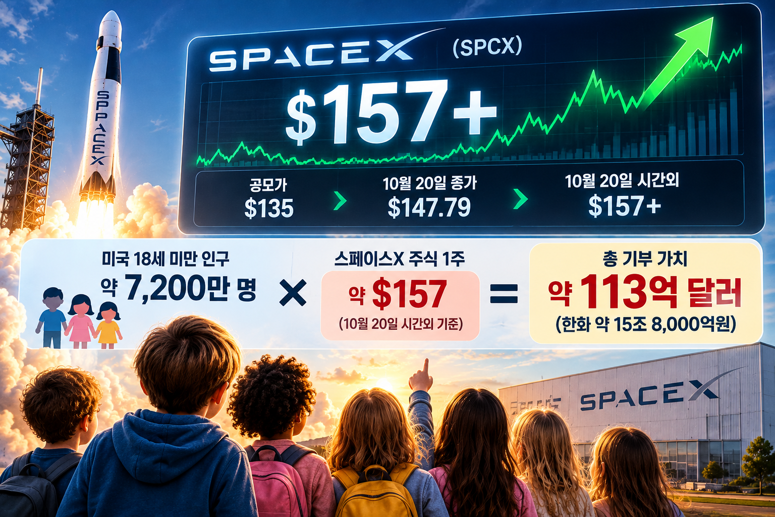 스페이스X 주식 1주 157달러 기준 미국 어린이 약 7200만 명에게 지급할 경우 총 기부 가치 약 113억 달러를 계산한 이미지
