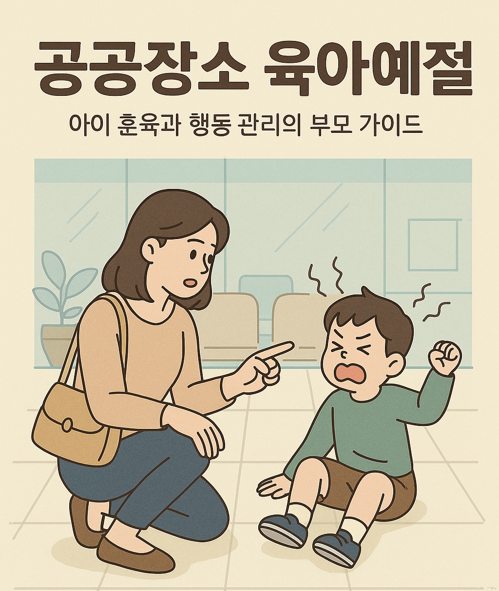 공공장소 육아예절이라고 쓰여져있으며, 부모님이 아이를 훈육하고 있는 사진