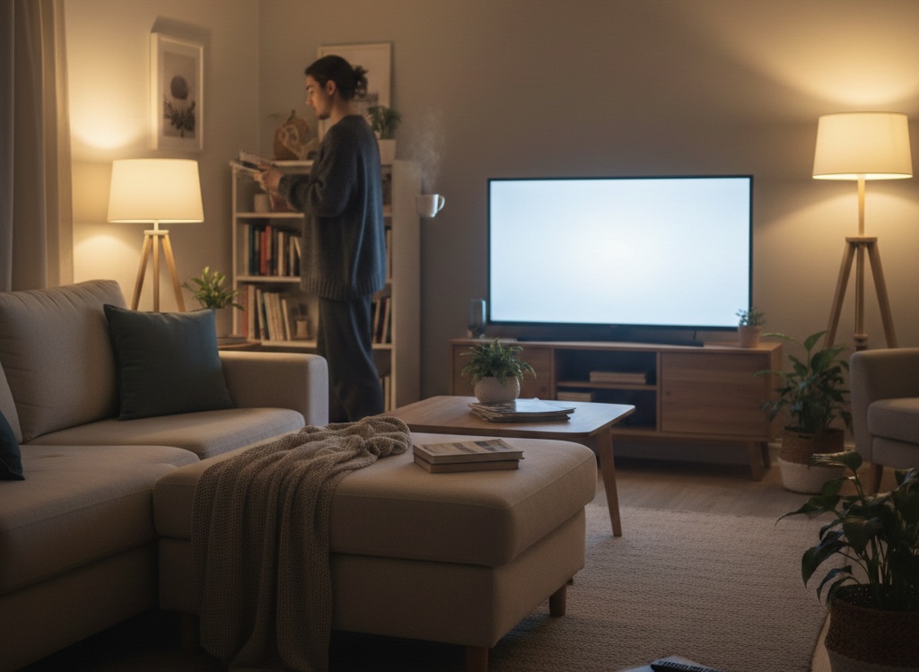 배경처럼 틀어둔 드라마가 흐르는 저녁 거실의 일상적인 장면