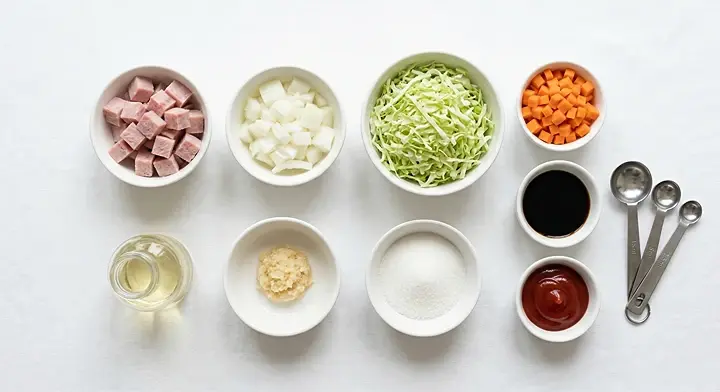 햄(또는 소시지) 채소볶음 재료 사진: 햄, 채소, 간장, 케첩