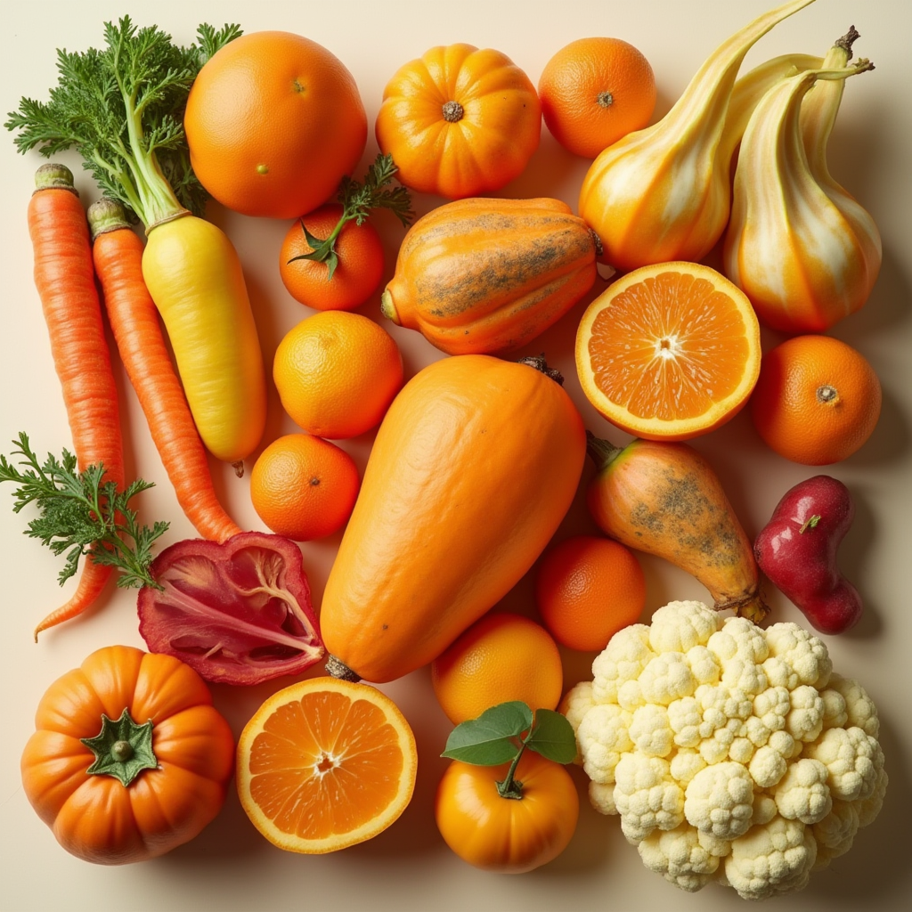 오렌지, 당근, 호박 등 주황 색상의 푸드가 다양하게 배치되어 있는 모습