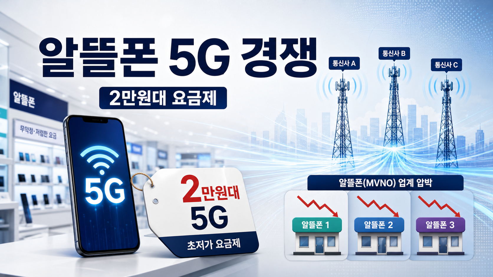 알뜰폰 5G 경쟁과 2만원대 요금제를 보여주는 뉴스형 이미지