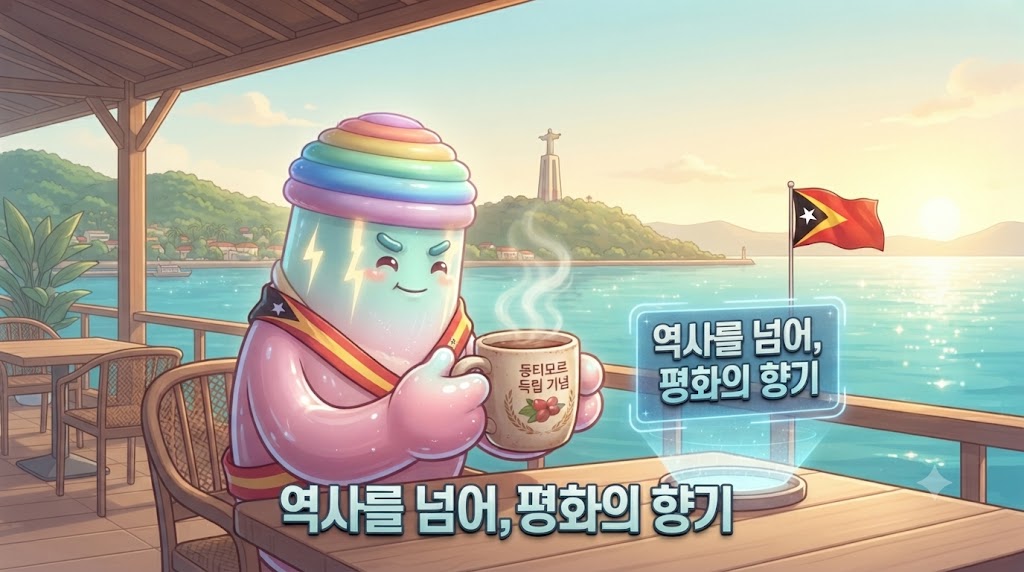쫀쿠가 평화로운 바닷가 카페 테라스에 앉아 커피를 즐기고 있습니다. 쫀쿠의 앞에는 'Timor-Leste Pure Single Origin'이라고 적힌 컵이 놓여 있고, 쫀쿠는 커피 향을 깊이 들이마시며 행복해하고 있습니다. 배경으로는 독립을 상징하는 동티모르 국기가 휘날리고 있고, 멀리 보이는 산비탈의 커피 농장들은 평온해 보입니다. 커피 한 잔에 담긴 긴 역사가 평화로 완성된 순간입니다.