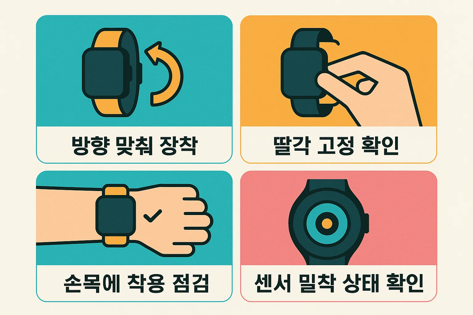 스마트워치 새 시계줄을 방향에 맞춰 끼우고 딸깍 소리로 고정 여부를 확인한 뒤 손목 착용 점검과 센서 밀착 상태 확인까지 필수 장착 과정을 정리한 인포그래픽 구성 이미지