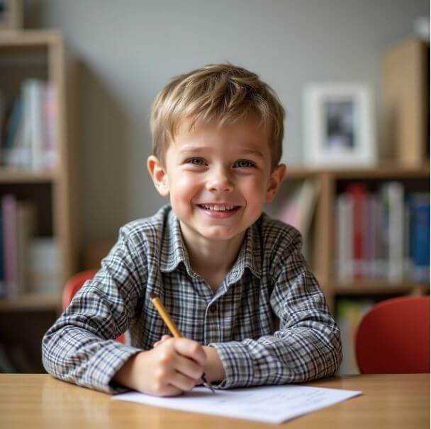 공부하면서 웃고 있는 남자아이