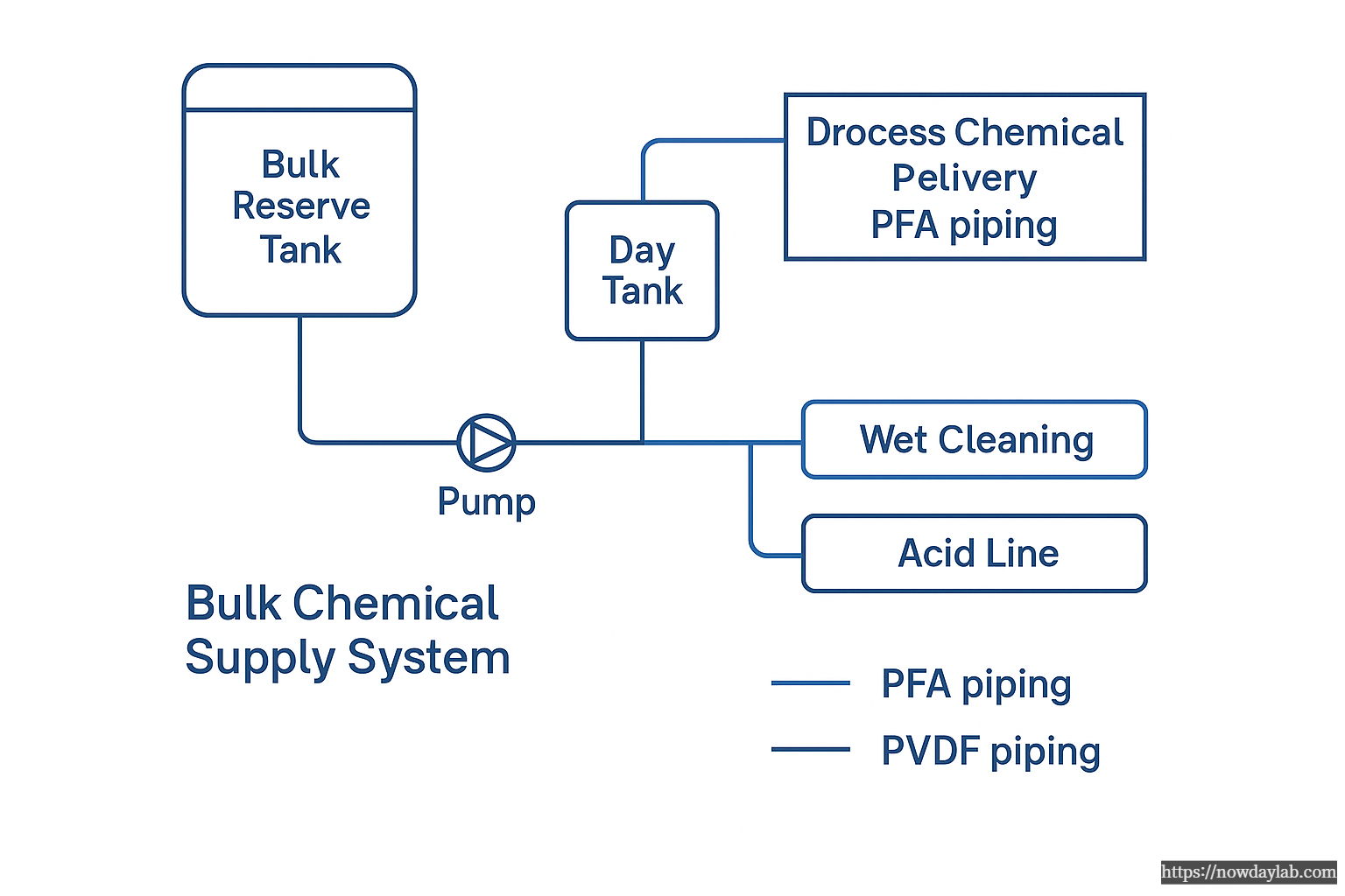 Bulk Chemical Supply System schematic diagram showing bulk reserve tank, day tank, pump, and chemical distribution lines with PFA and PVDF piping for semiconductor facilities