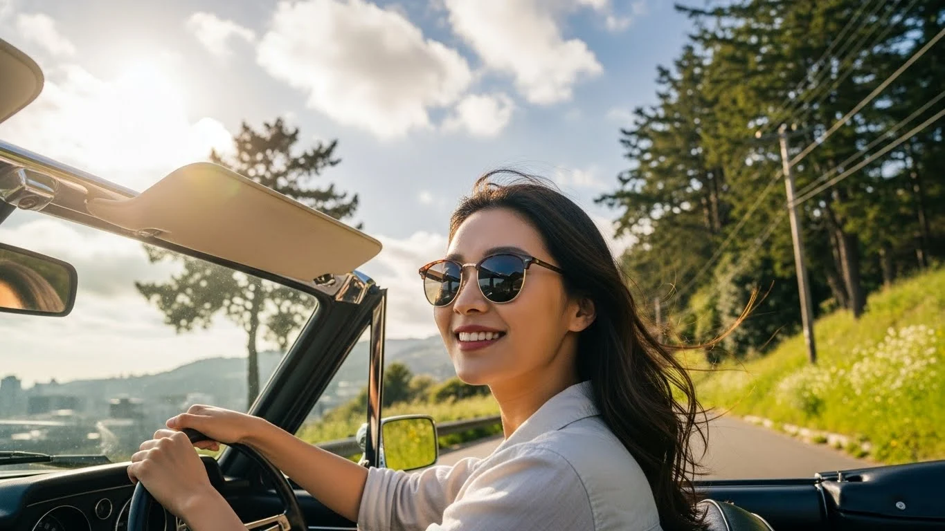 자연 풍경이 펼쳐진 산책로에 도착한 여행자 이미지